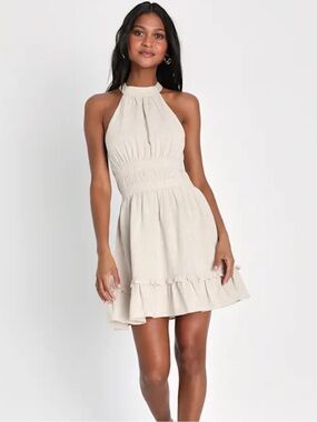 Lulu's Beige Linen Halter Ruffle Mini Dress